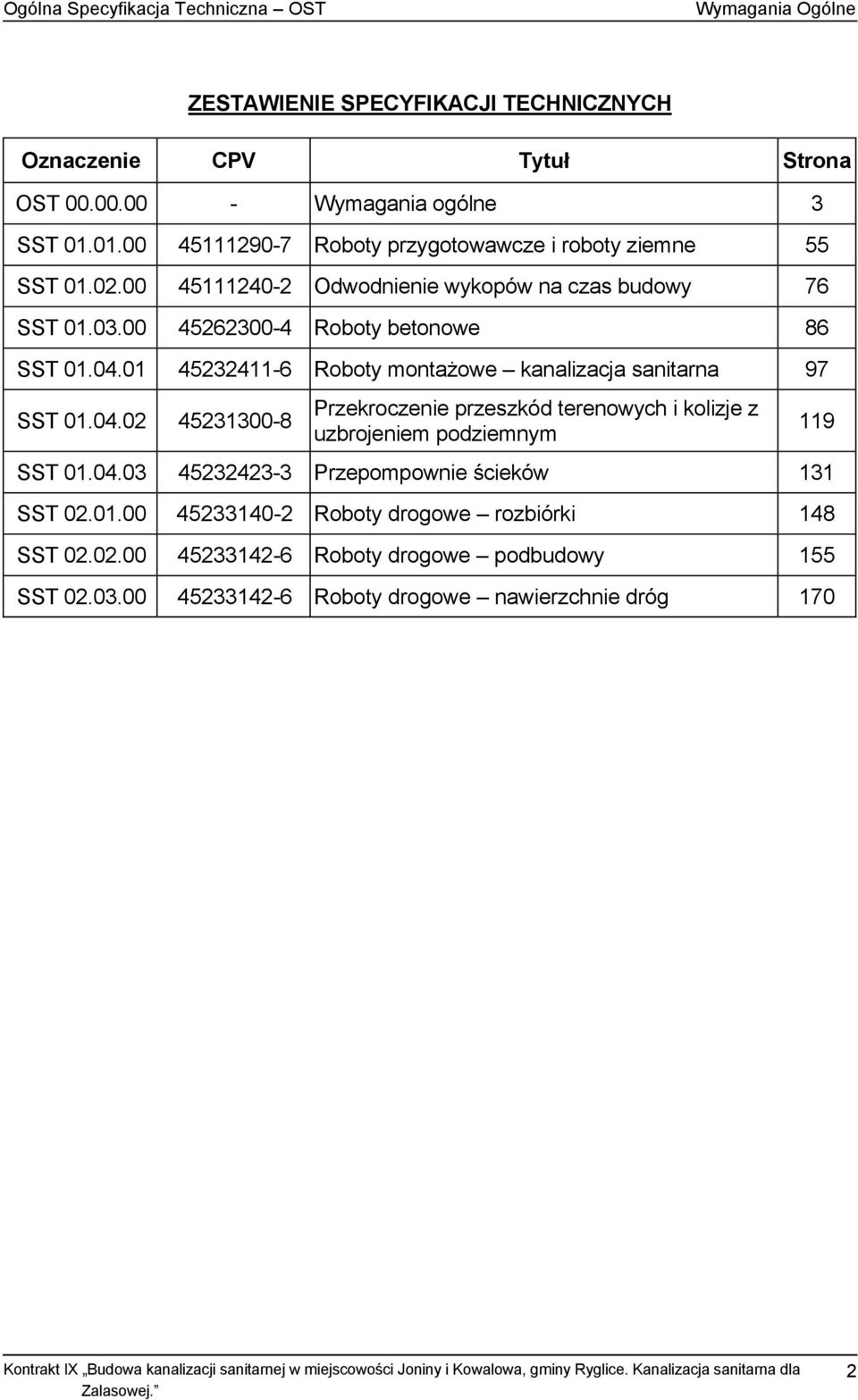 01 45232411-6 Roboty montażowe kanalizacja sanitarna 97 SST 01.04.02 45231300-8 Przekroczenie przeszkód terenowych i kolizje z uzbrojeniem podziemnym SST 01.04.03 45232423-3 Przepompownie ścieków 131 SST 02.