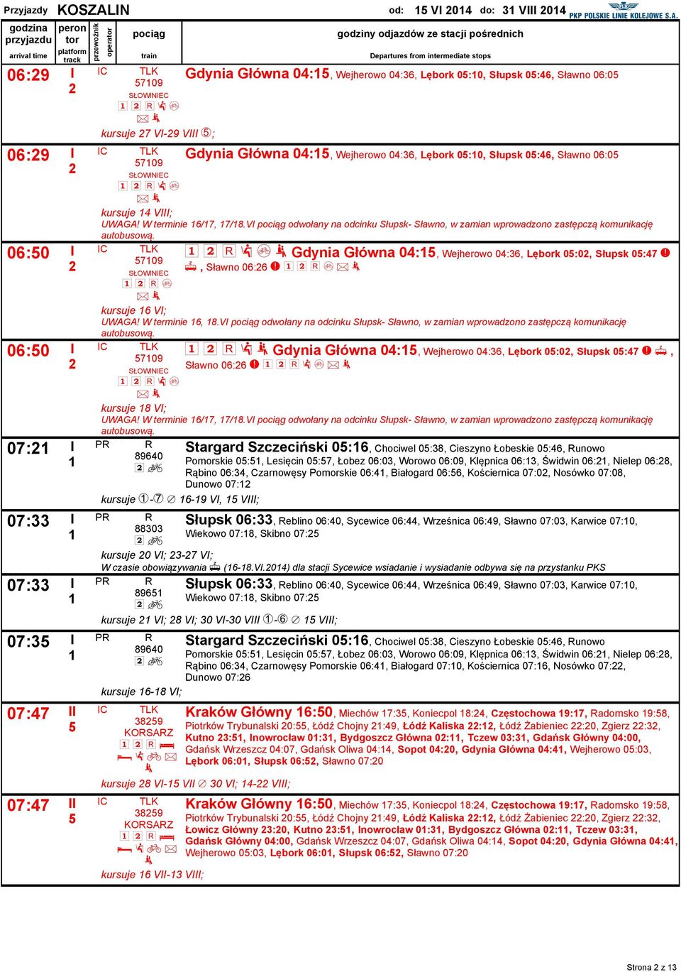 Sławn 06:0 ; p kursuje 4 VIII; UWAGA! W terminie 6/7, 7/8.VI pciąg dwłany na dcinku Słupsk- Sławn, w zamian wprwadzn zastępczą kmunikację autbuswą.