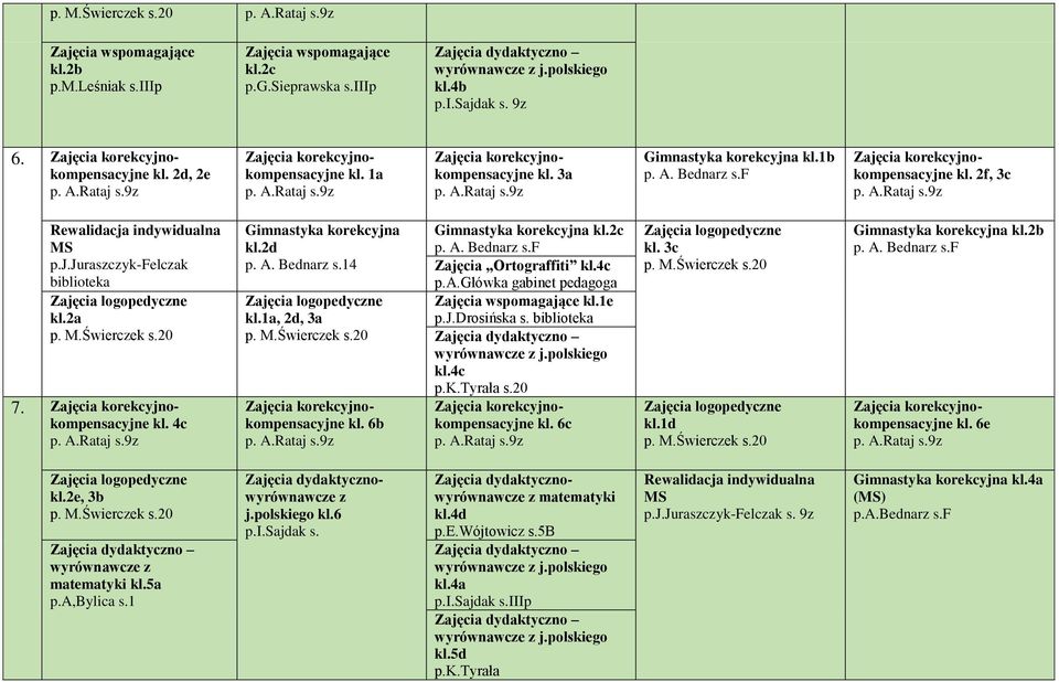 20 kl. 6c kl. 3c kl.1d kl.2b kl. 6e kl.2e, 3b wyrównawcze z matematyki kl.5a p.a,bylica s.1 Zajęcia dydaktycznowyrównawcze z j.polskiego kl.6 p.i.sajdak s.