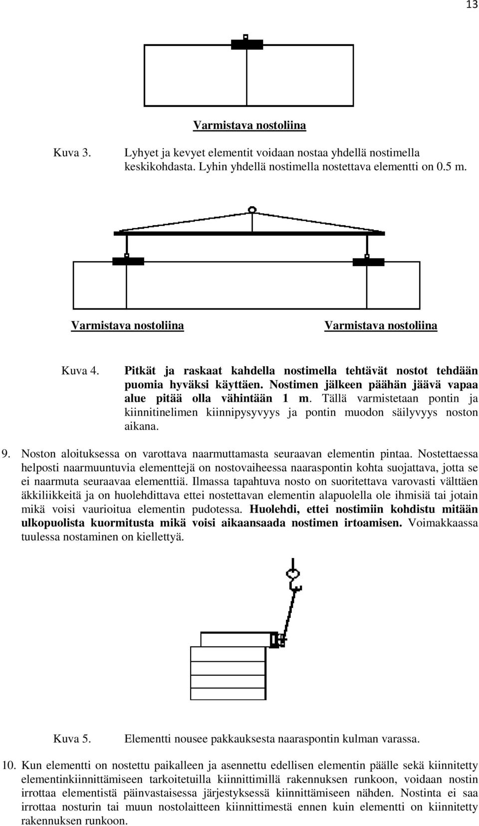 Nostimen jälkeen päähän jäävä vapaa alue pitää olla vähintään 1 m. Tällä varmistetaan pontin ja kiinnitinelimen kiinnipysyvyys ja pontin muodon säilyvyys noston aikana. 9.