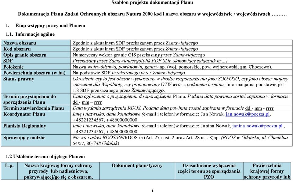 1. Informacje ogólne Nazwa obszaru Zgodnie z aktualnym SDF przekazanym przez Zamawiającego Kod obszaru Zgodnie z aktualnym SDF przekazanym przez Zamawiającego Opis granic obszaru Numeryczny wektor