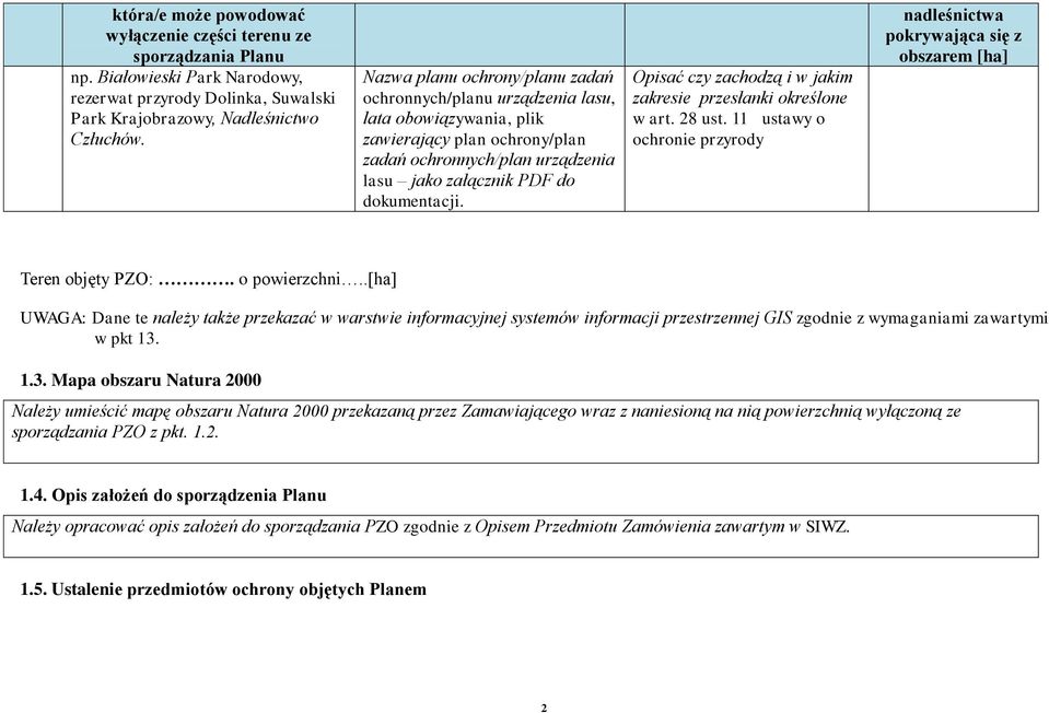 Opisać czy zachodzą i w jakim zakresie przesłanki określone w art. 28 ust. 11 ustawy o ochronie przyrody nadleśnictwa pokrywająca się z obszarem [ha] Teren objęty PZO:. o powierzchni.