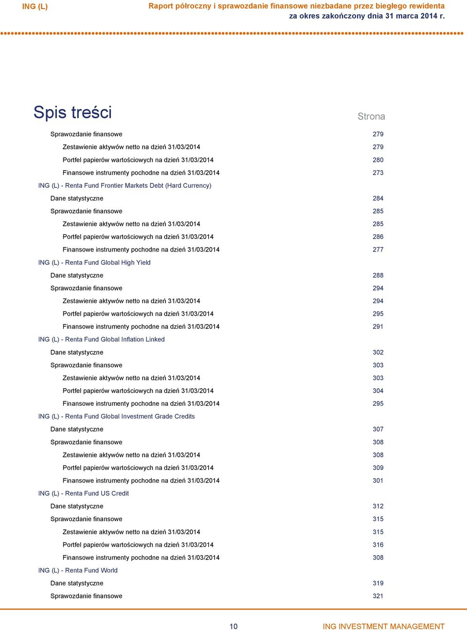 dzień 31/03/2014 286 Finansowe instrumenty pochodne na dzień 31/03/2014 277 Renta Fund Global High Yield Dane statystyczne 288 Sprawozdanie finansowe 294 Zestawienie aktywów netto na dzień 31/03/2014