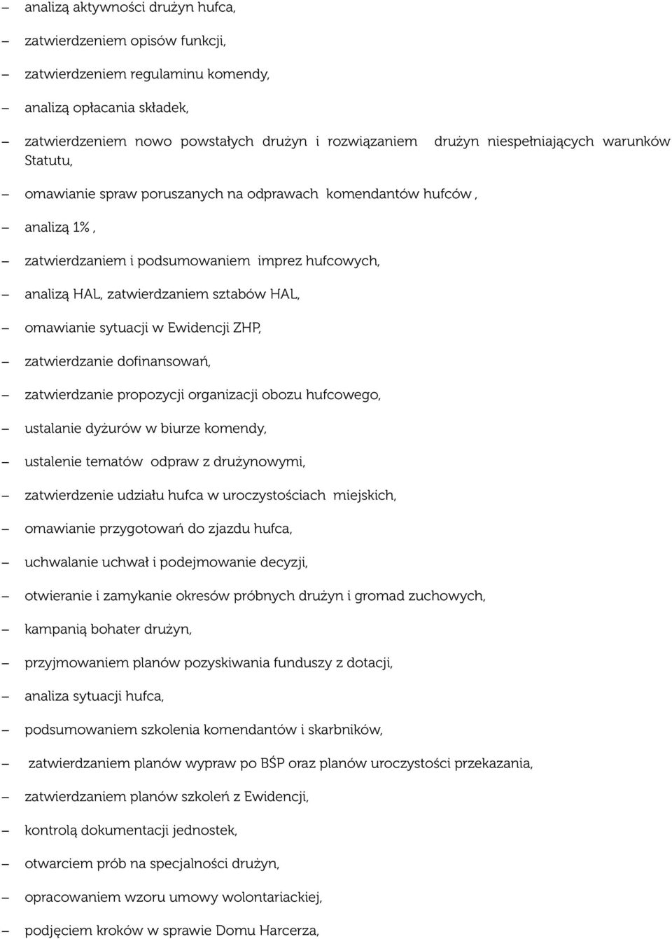 omawianie sytuacji w Ewidencji ZHP, zatwierdzanie dofinansowań, zatwierdzanie propozycji organizacji obozu hufcowego, ustalanie dyżurów w biurze komendy, ustalenie tematów odpraw z drużynowymi,