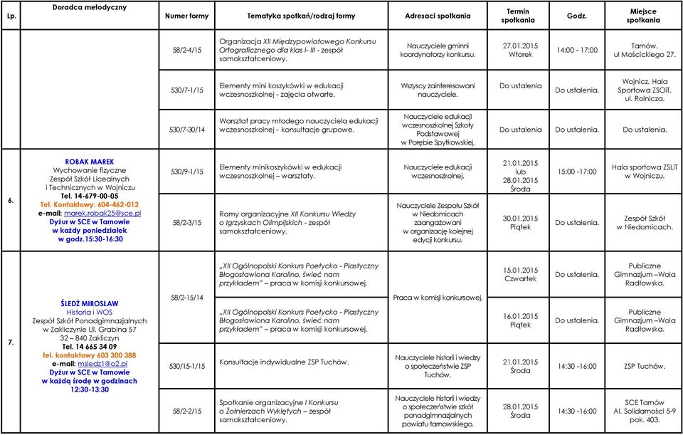 Do ustalenia Wojnicz, Hala Sportowa ZSOiT, ul. Rolnicza. 530/7-30/14 Warsztat pracy młodego nauczyciela edukacji wczesnoszkolnej - konsultacje grupowe.