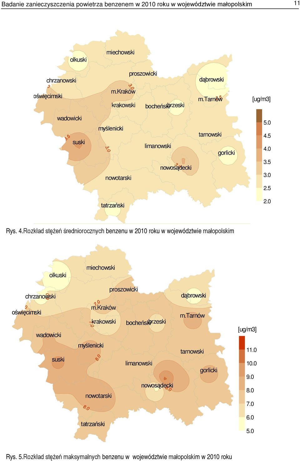5 4.0 3.5 3.0 2.5 tatrzański 2.0 Rys. 4. Rozkład stężeń średniorocznych benzenu w 2010 roku w województwie małopolskim olkuski miechowski chrzanowski proszowicki dąbrowski oświęcimski wadowicki m.