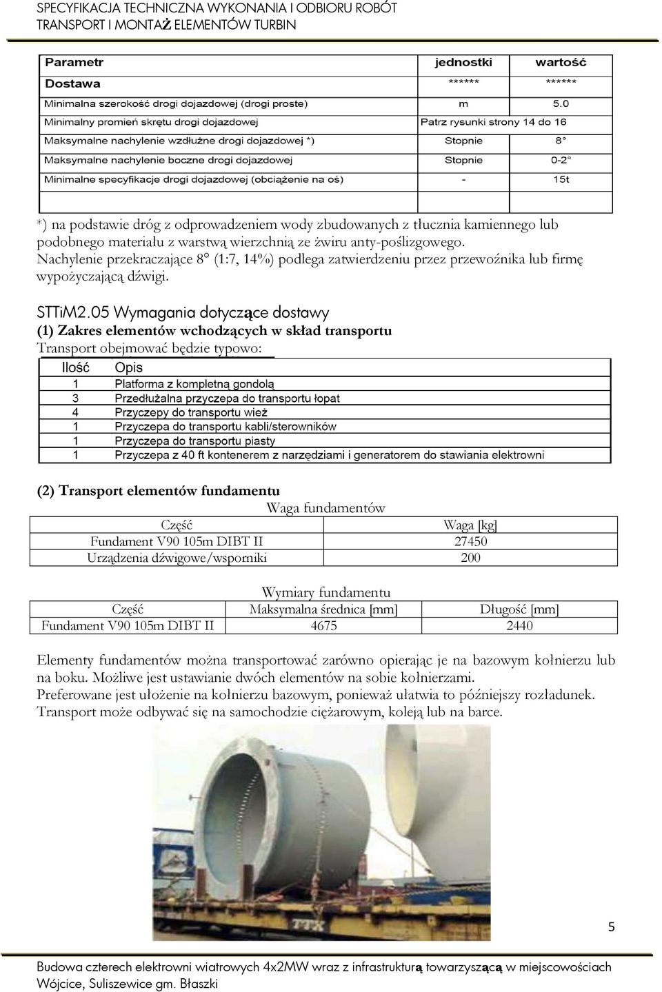 05 Wymagania dotyczące dostawy (1) Zakres elementów wchodzących w skład transportu Transport obejmować będzie typowo: (2) Transport elementów fundamentu Waga fundamentów Część Waga [kg] Fundament V90