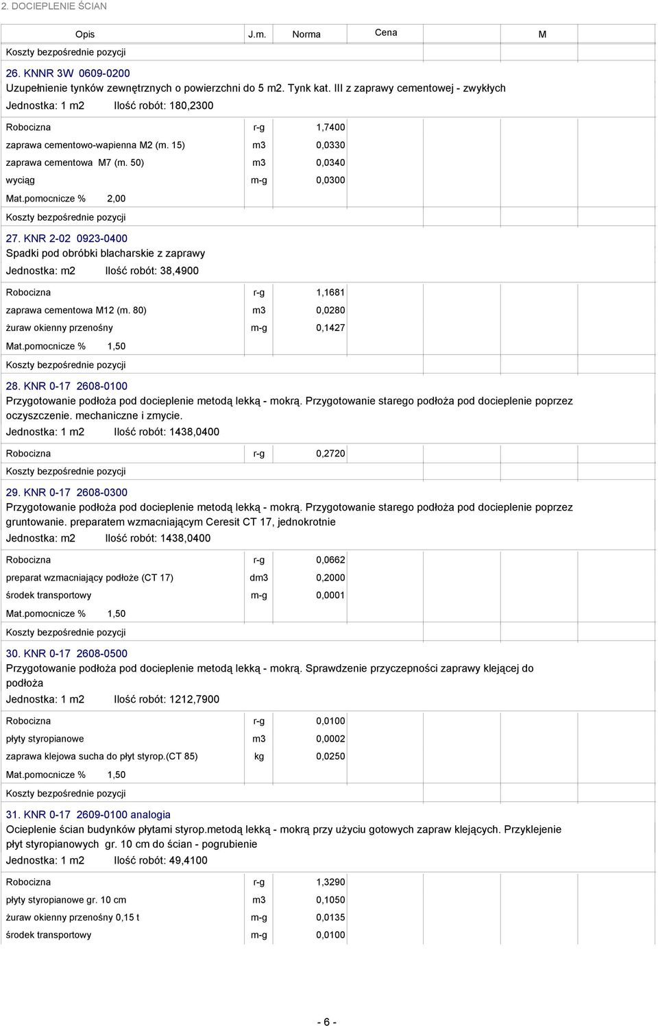 50) m3 0,0340 wyciąg m-g 0,0300 27. KNR 2-02 0923-0400 Spadki pod obróbki blacharskie z zaprawy Jednostka: m2 Ilość robót: 38,4900 Robocizna r-g 1,1681 zaprawa cementowa M12 (m.