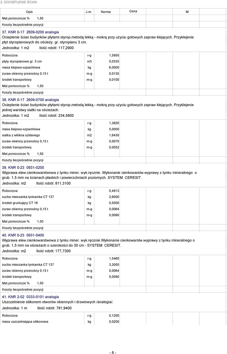 3 cm m3 0,0335 masa klejowo-szpachlowa kg 6,0000 żuraw okienny przenośny 0,15 t m-g 0,0135 środek transportowy m-g 0,0100 38. KNR 0-17 2609-0700 analogia Ocieplenie ścian budynków płytami styrop.