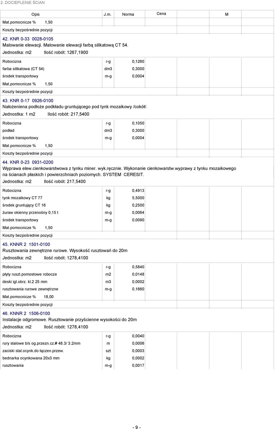 KNR 0-17 0926-0100 Nałożeniena podłoże podkładu gruntującego pod tynk mozaikowy /cokół/. Jednostka: 1 m2 Ilość robót: 217,5400 Robocizna r-g 0,1050 podład dm3 0,3000 środek transportowy m-g 0,0004 44.