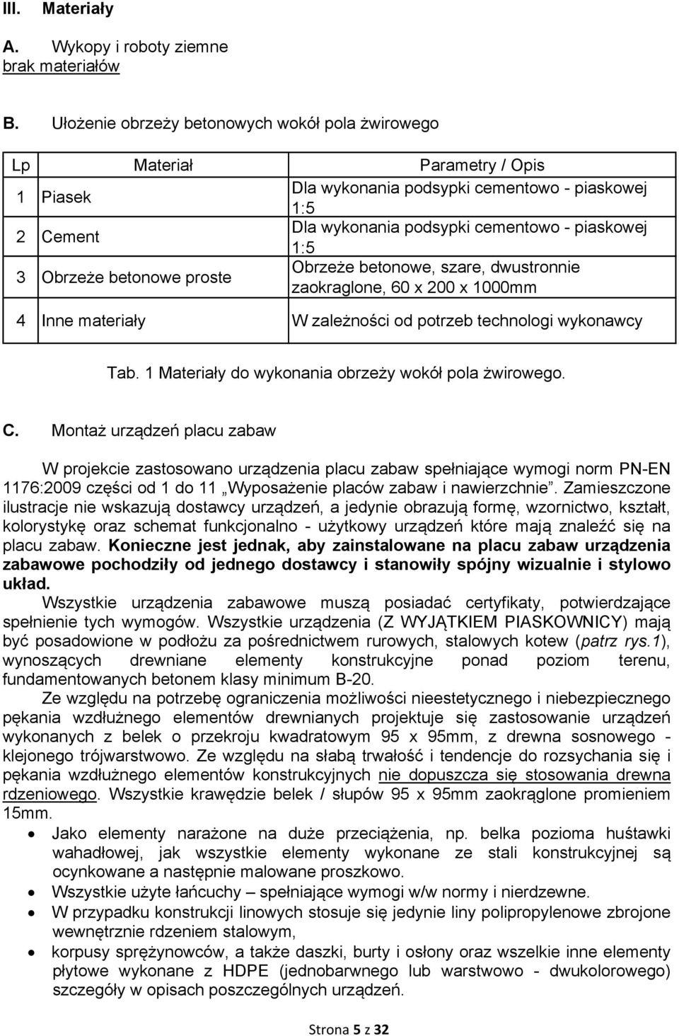 Obrzeże betonowe proste Obrzeże betonowe, szare, dwustronnie zaokraglone, 60 x 200 x 1000mm 4 Inne materiały W zależności od potrzeb technologi wykonawcy Tab.