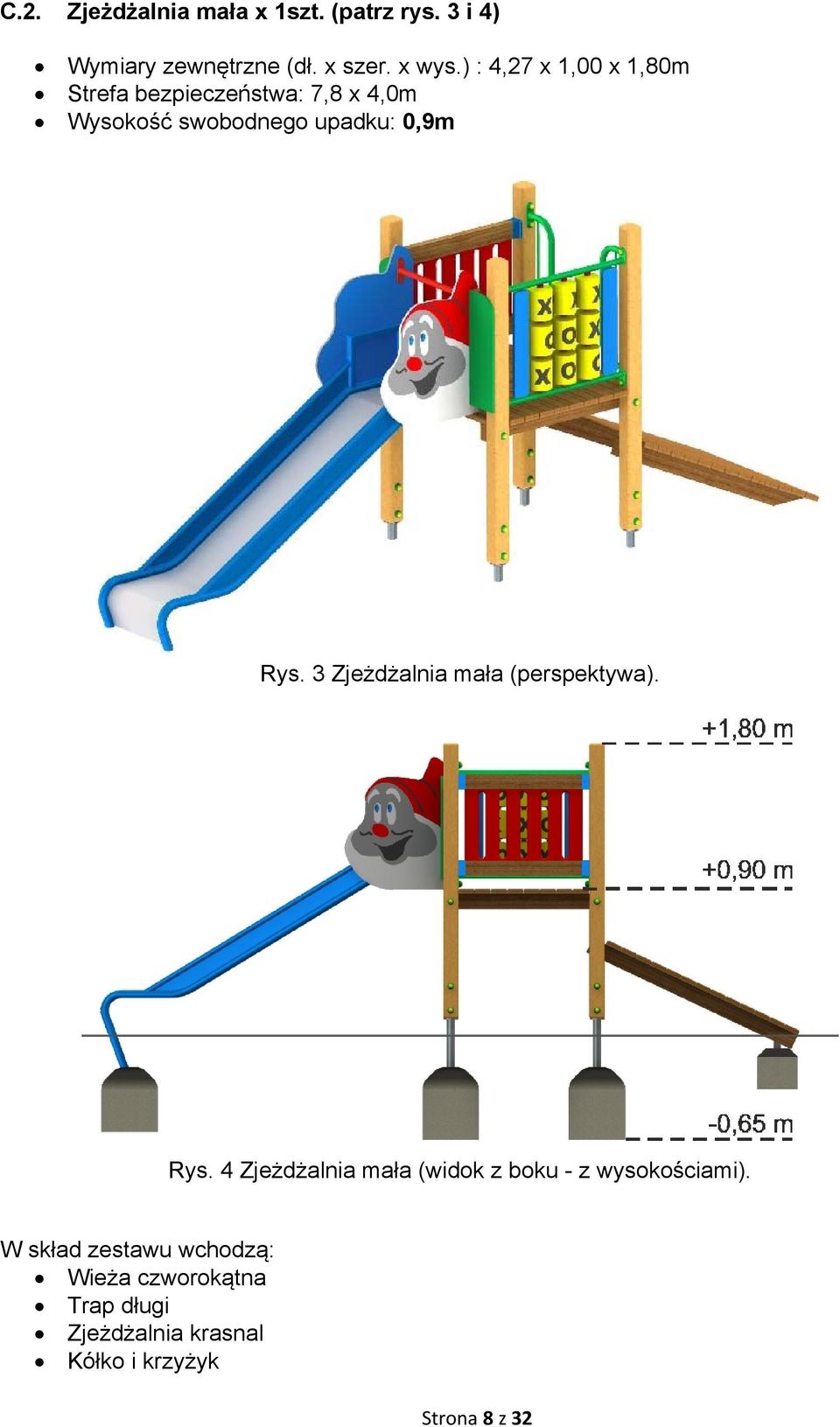 3 Zjeżdżalnia mała (perspektywa). Rys. 4 Zjeżdżalnia mała (widok z boku - z wysokościami).