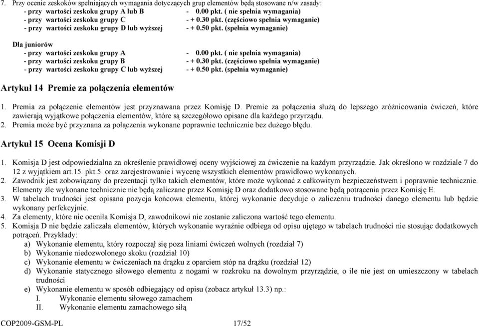 nia wymaganie) Dla juniorów - przy warto"ci zeskoku grupy A - 0.00 pkt. ( nie spe!nia wymagania) - przy warto"ci zeskoku grupy B - + 0.30 pkt. (cz#"ciowo spe!