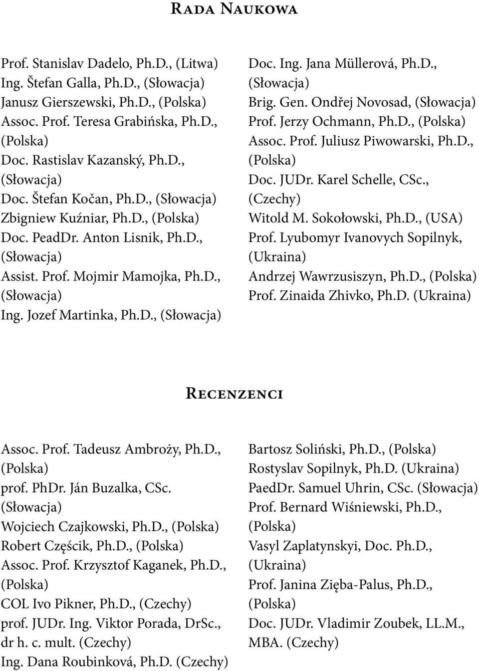 Jozef Martinka, Ph.D., (Słowacja) Doc. Ing. Jana Müllerová, Ph.D., (Słowacja) Brig. Gen. Ondřej Novosad, (Słowacja) Prof. Jerzy Ochmann, Ph.D., (Polska) Assoc. Prof. Juliusz Piwowarski, Ph.D., (Polska) Doc.