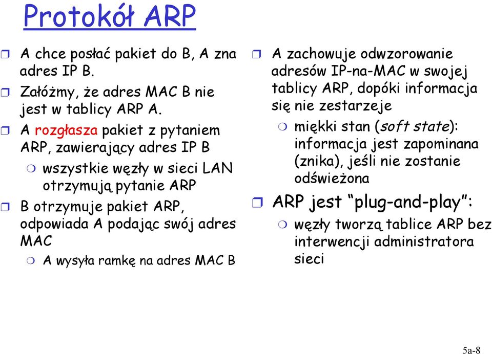 podając swój adres MAC A wysyła ramkę na adres MAC B A zachowuje odwzorowanie adresów IP-na-MAC w swojej tablicy ARP, dopóki informacja się nie