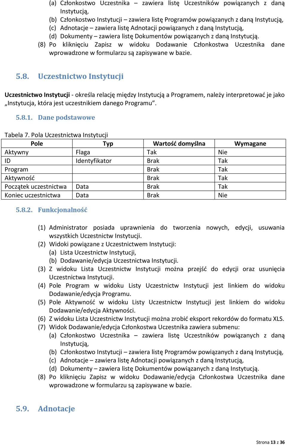 (8) Po kliknięciu Zapisz w widoku Dodawanie Członkostwa Uczestnika dane wprowadzone w formularzu są zapisywane w bazie. 5.8. Uczestnictwo Instytucji Uczestnictwo Instytucji - określa relację między Instytucją a Programem, należy interpretować je jako Instytucja, która jest uczestnikiem danego Programu.