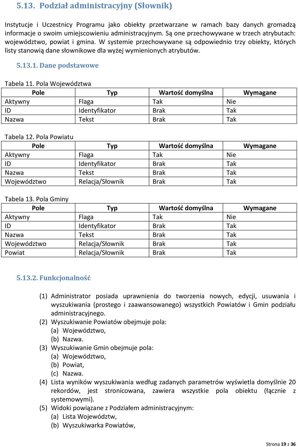 13.1. Dane podstawowe Tabela 11. Pola Województwa Tabela 12. Pola Powiatu Województwo Relacja/Słownik Brak Tak Tabela 13.