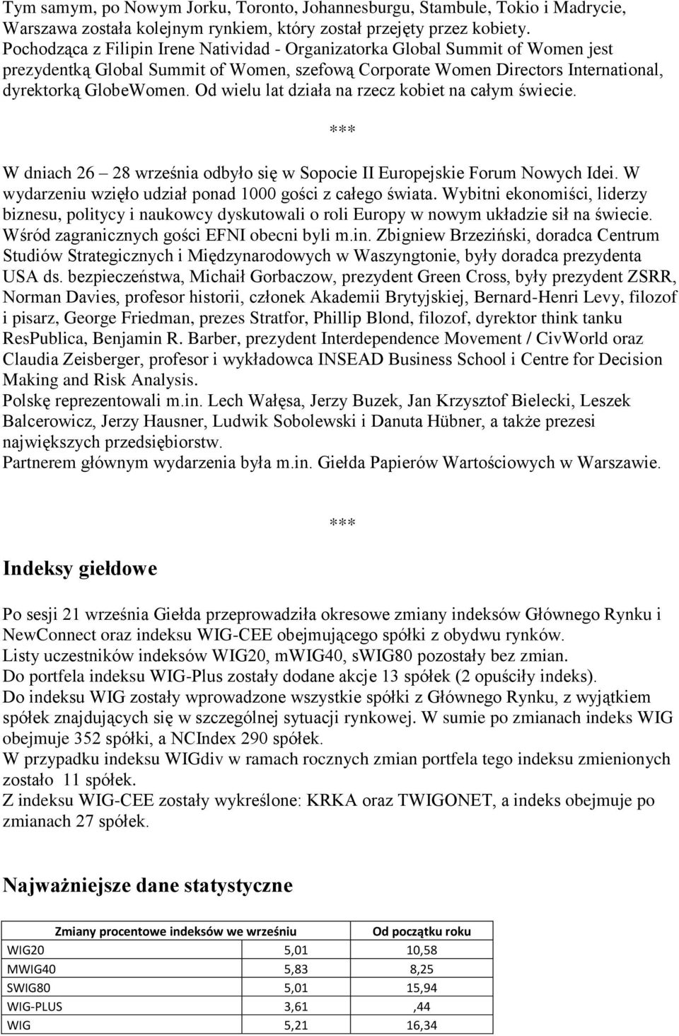 Od wielu lat działa na rzecz kobiet na całym świecie. W dniach 26 28 września odbyło się w Sopocie II Europejskie Forum Nowych Idei. W wydarzeniu wzięło udział ponad 1000 gości z całego świata.