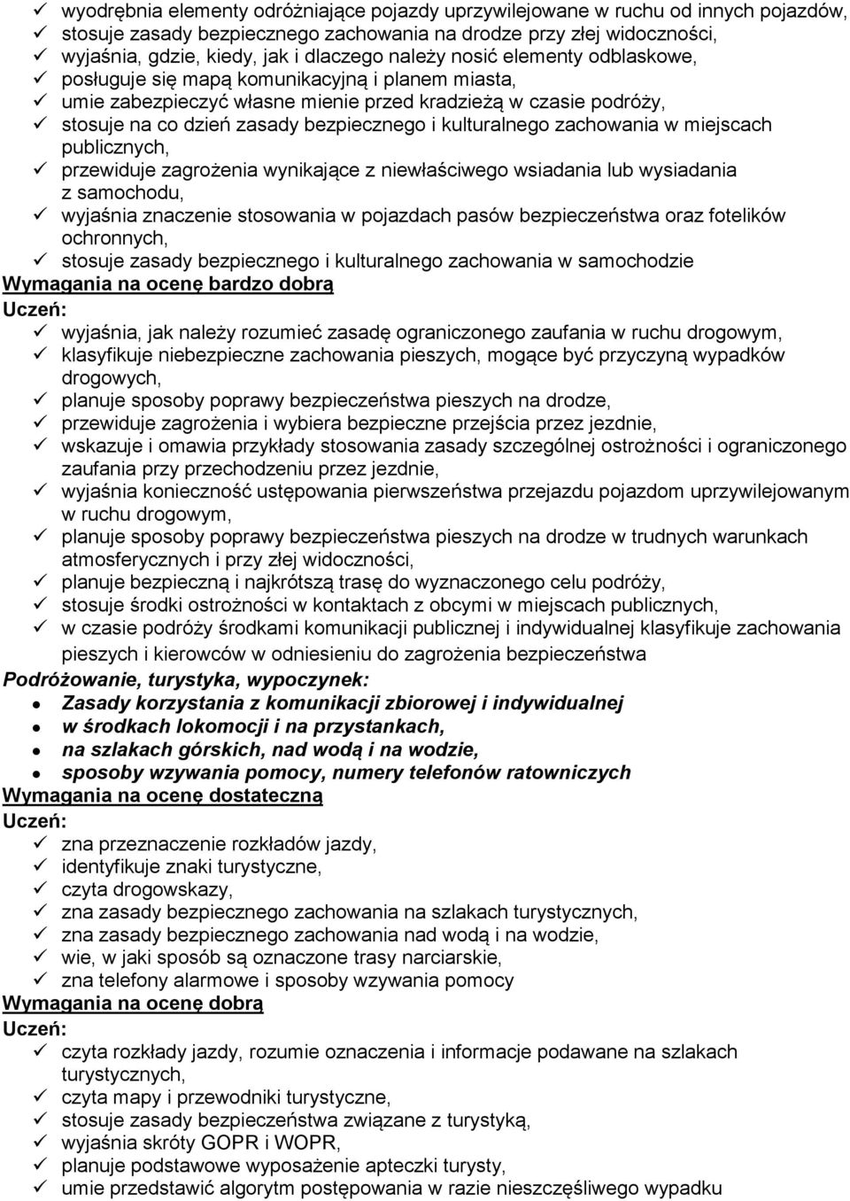 kulturalnego zachowania w miejscach publicznych, przewiduje zagrożenia wynikające z niewłaściwego wsiadania lub wysiadania z samochodu, wyjaśnia znaczenie stosowania w pojazdach pasów bezpieczeństwa