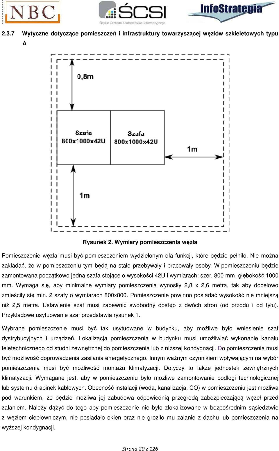 Nie można zakładać, że w pomieszczeniu tym będą na stałe przebywały i pracowały osoby. W pomieszczeniu będzie zamontowana początkowo jedna szafa stojące o wysokości 42U i wymiarach: szer.