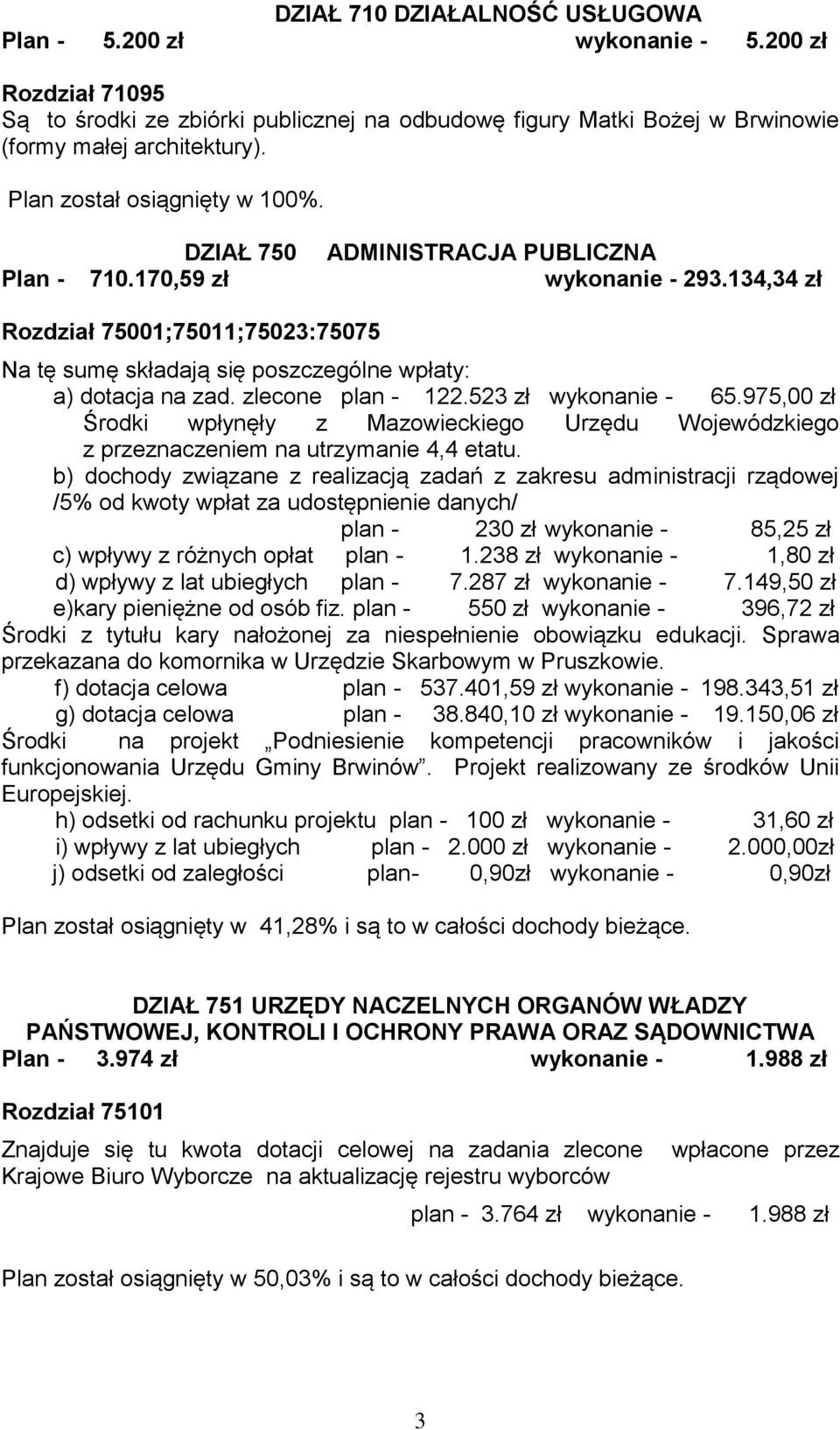 134,34 zł Rozdział 75001;75011;75023:75075 Na tę sumę składają się poszczególne wpłaty: a) dotacja na zad. zlecone plan - 122.523 zł wykonanie - 65.