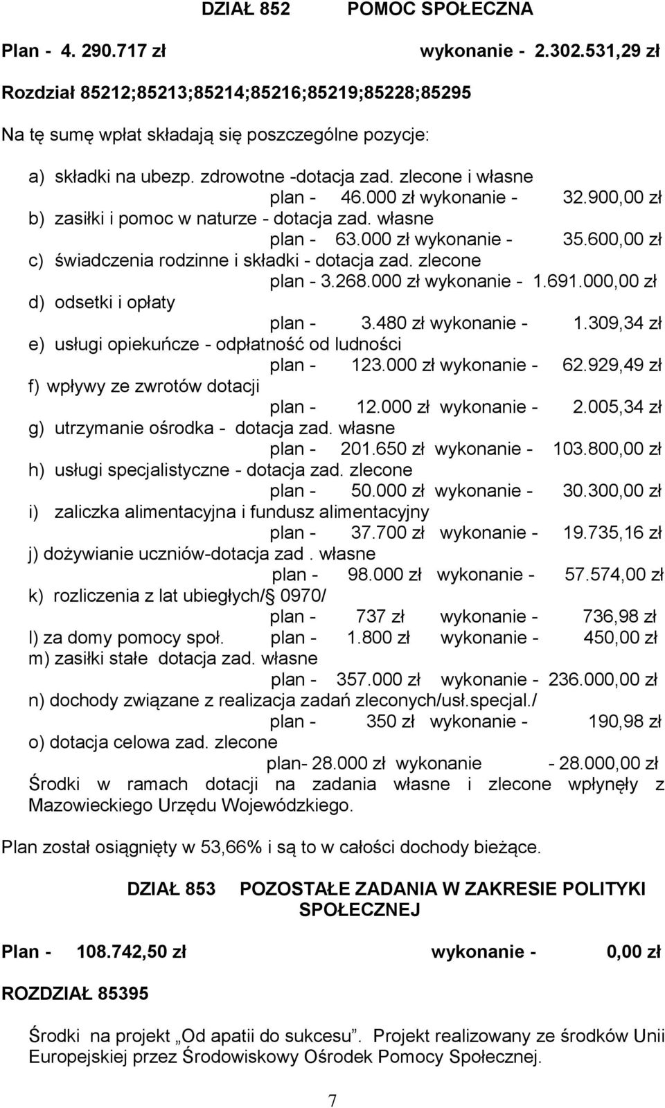 600,00 zł c) świadczenia rodzinne i składki - dotacja zad. zlecone plan - 3.268.000 zł wykonanie - 1.691.000,00 zł d) odsetki i opłaty plan - 3.480 zł wykonanie - 1.