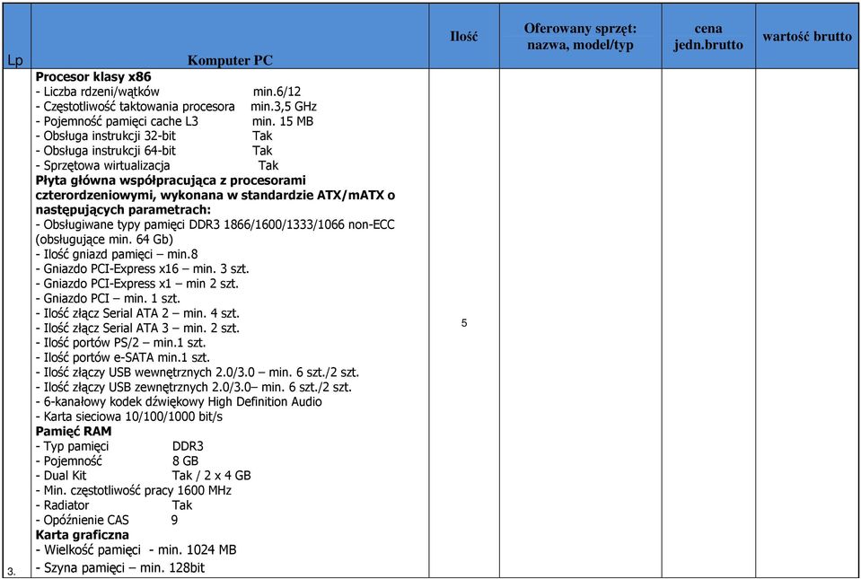 następujących parametrach: - Obsługiwane typy pamięci DDR3 1866/1600/1333/1066 non-ecc (obsługujące min. 64 Gb) - Ilość gniazd pamięci min.8 - Gniazdo PCI-Express x16 min. 3 szt.