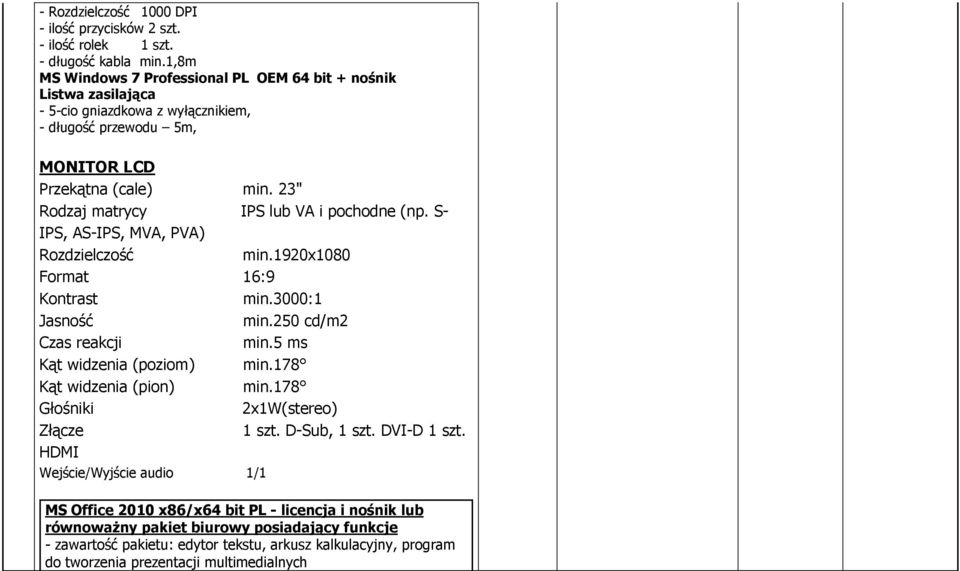 23" Rodzaj matrycy IPS lub VA i pochodne (np. S- IPS, AS-IPS, MVA, PVA) Rozdzielczość min.1920x1080 Format 16:9 Kontrast min.3000:1 Jasność min.250 cd/m2 Czas reakcji min.