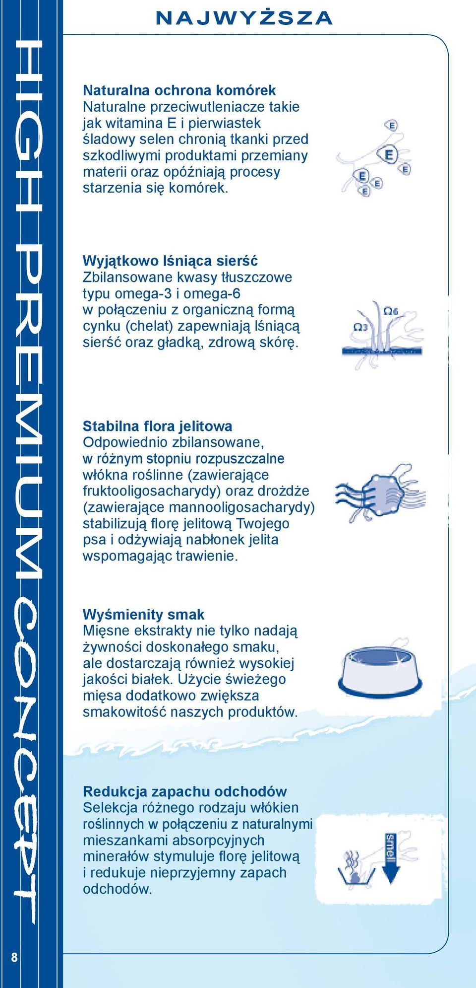 Stabilna flora jelitowa Odpowiednio zbilansowane, w różnym stopniu rozpuszczalne włókna roślinne (zawierające fruktooligosacharydy) oraz drożdże (zawierające mannooligosacharydy) stabilizują florę