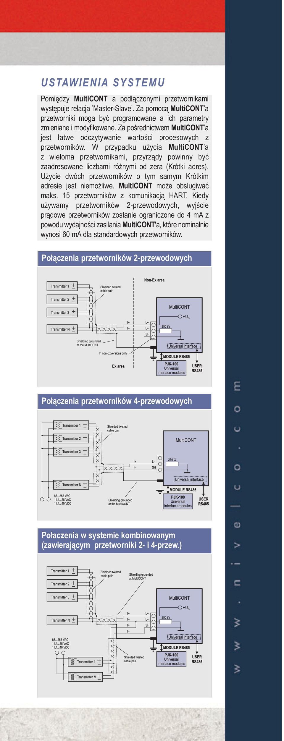 W przypadku użycia MultiCONT a z wieloma przetwornikami, przyrządy powinny być zaadresowane liczbami różnymi od zera (Krótki adres).