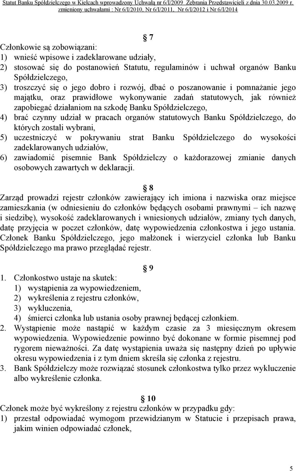 organów statutowych Banku Spółdzielczego, do których zostali wybrani, 5) uczestniczyć w pokrywaniu strat Banku Spółdzielczego do wysokości zadeklarowanych udziałów, 6) zawiadomić pisemnie Bank