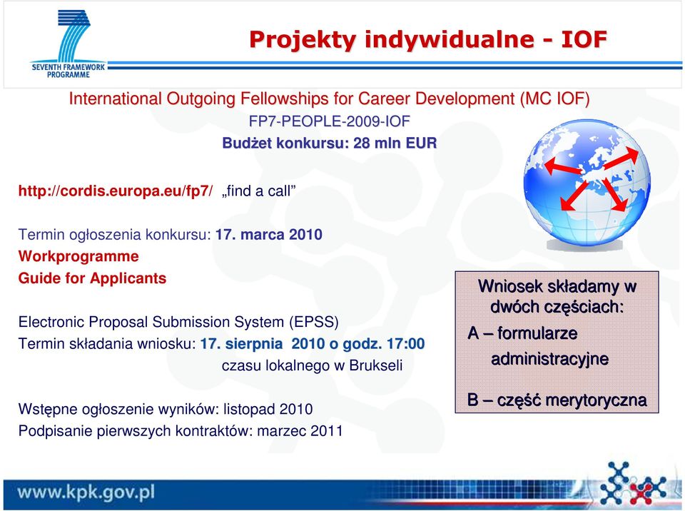 marca 2010 Workprogramme Guide for Applicants Electronic Proposal Submission System (EPSS) Termin składania wniosku: 17. sierpnia 2010 o godz.