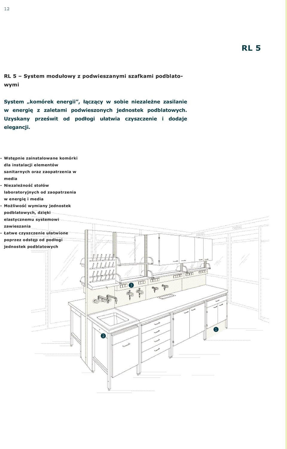 - Wstępnie zainstalowane komórki dla instalacji elementów sanitarnych oraz zaopatrzenia w media - Niezależność stołów laboratoryjnych od