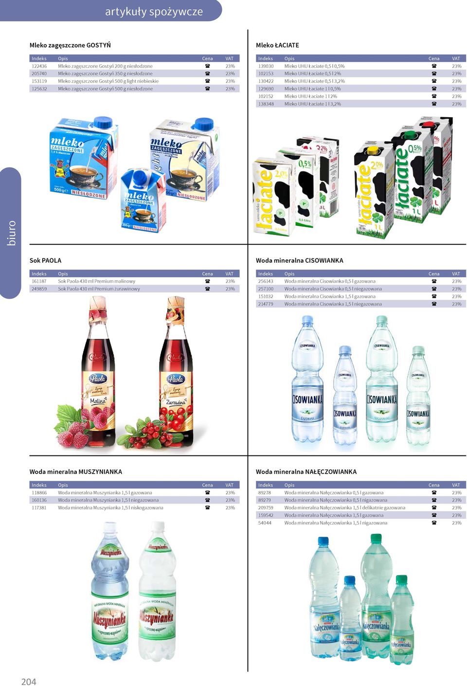 129690 Mleko UHU Łaciate 1 l 0,5% ( 23% 102152 Mleko UHU Łaciate 1 l 2% ( 23% 138348 Mleko UHU Łaciate 1 l 3,2% ( 23% Sok PAOLA 161187 Sok Paola 430 ml Premium malinowy ( 23% 249859 Sok Paola 430 ml