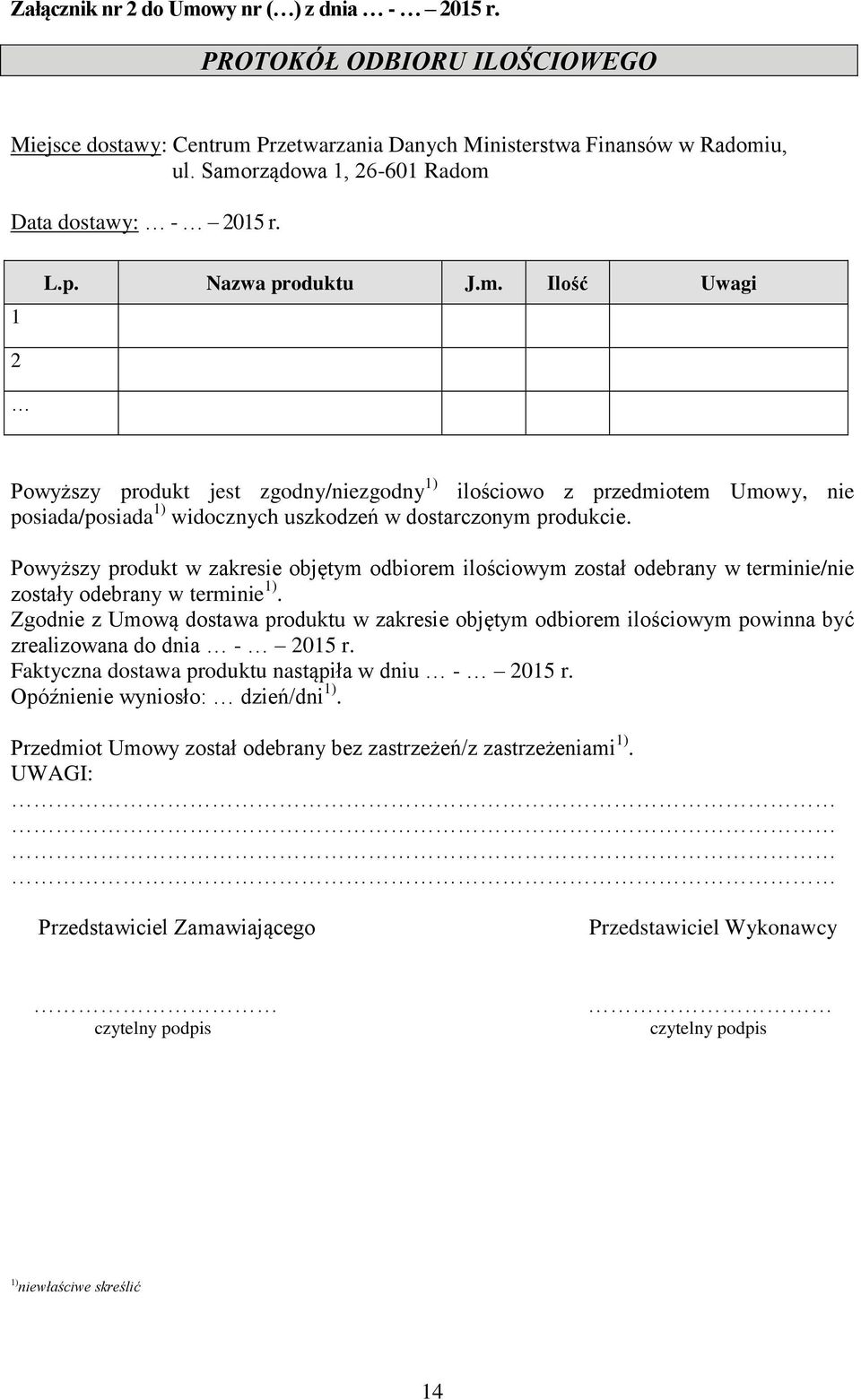 Powyższy produkt w zakresie objętym odbiorem ilościowym został odebrany w terminie/nie zostały odebrany w terminie 1).