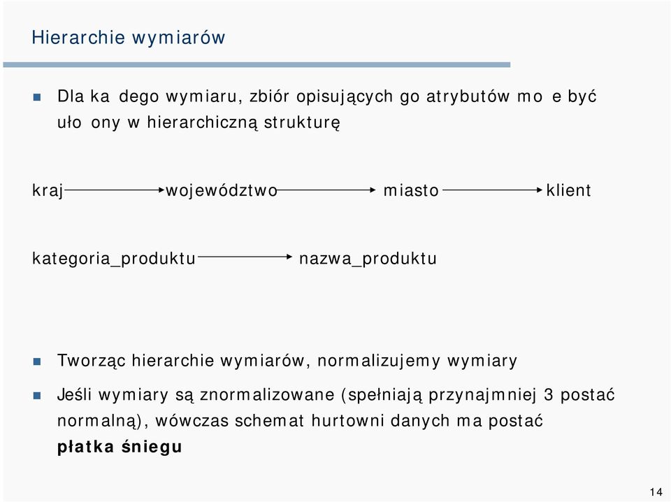 Tworząc hierarchie wymiarów, normalizujemy wymiary Jeśli wymiary są znormalizowane