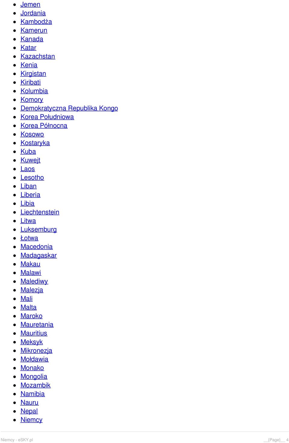 Liechtenstein Litwa Luksemburg Łotwa Macedonia Madagaskar Makau Malawi Malediwy Malezja Mali Malta Maroko