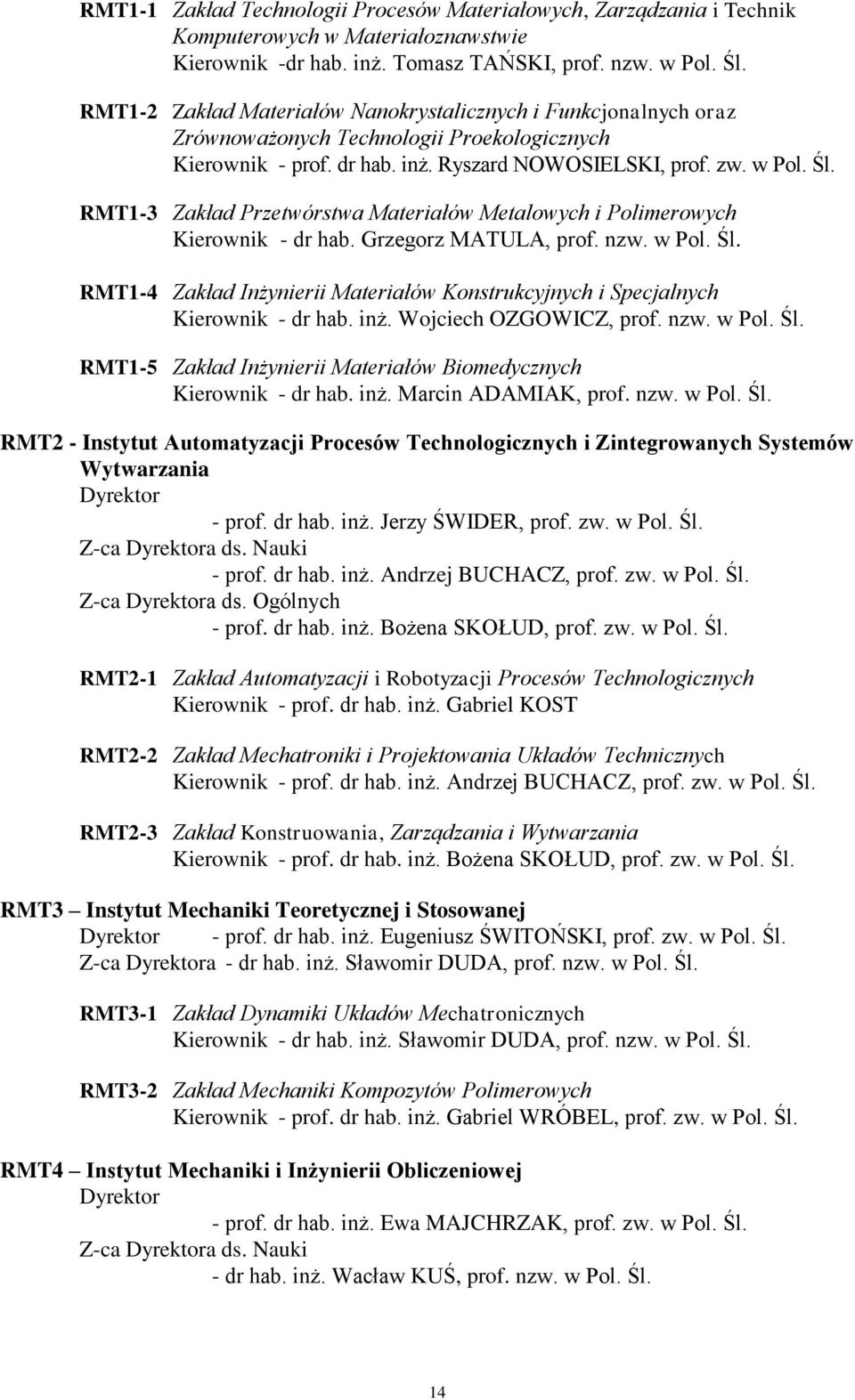 RMT1-3 Zakład Przetwórstwa Materiałów Metalowych i Polimerowych Kierownik - dr hab. Grzegorz MATULA, prof. nzw. w Pol. Śl.