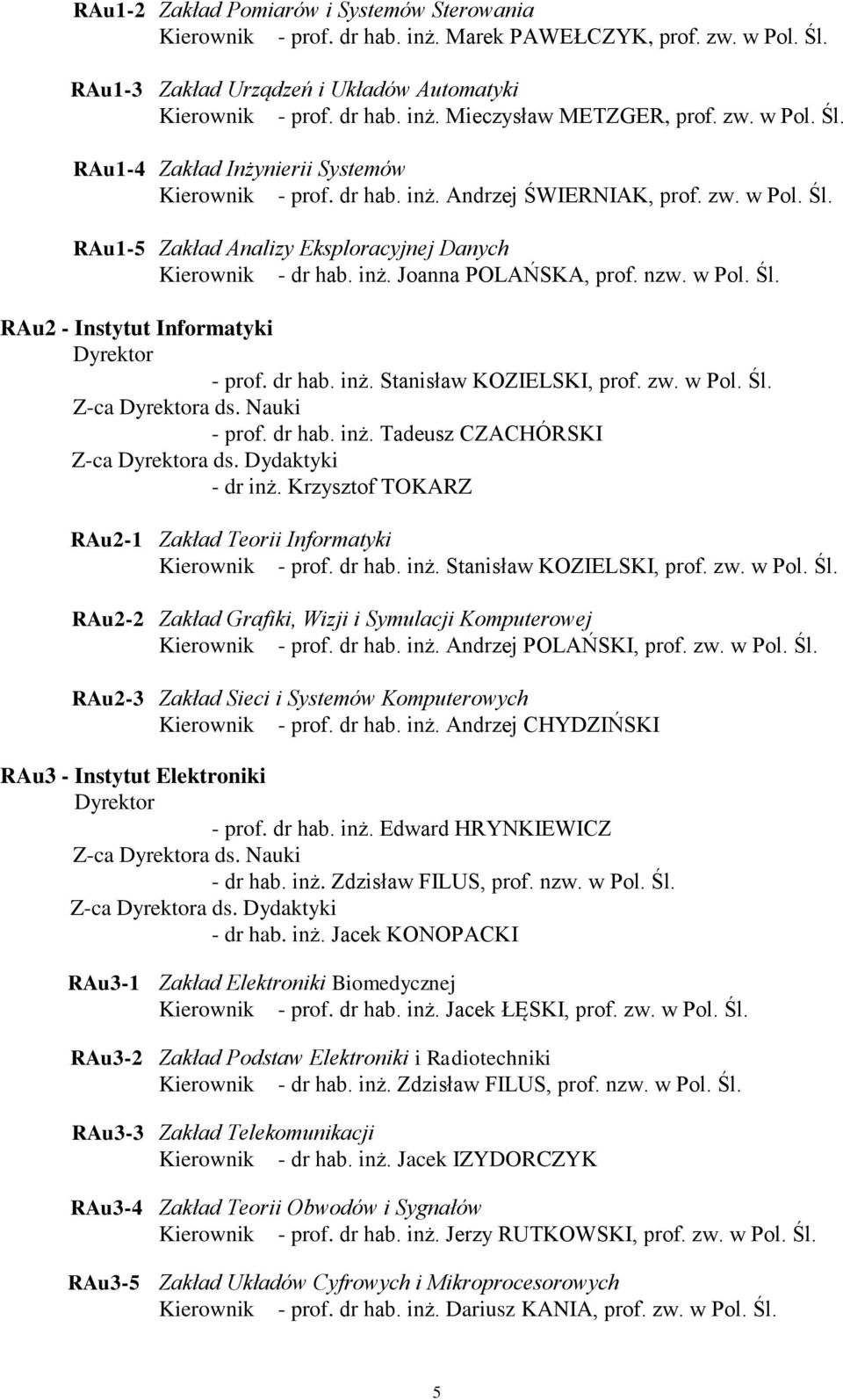 nzw. w Pol. Śl. RAu2 - Instytut Informatyki Dyrektor - prof. dr hab. inż. Stanisław KOZIELSKI, prof. zw. w Pol. Śl. Z-ca Dyrektora ds. Nauki - prof. dr hab. inż. Tadeusz CZACHÓRSKI Z-ca Dyrektora ds.