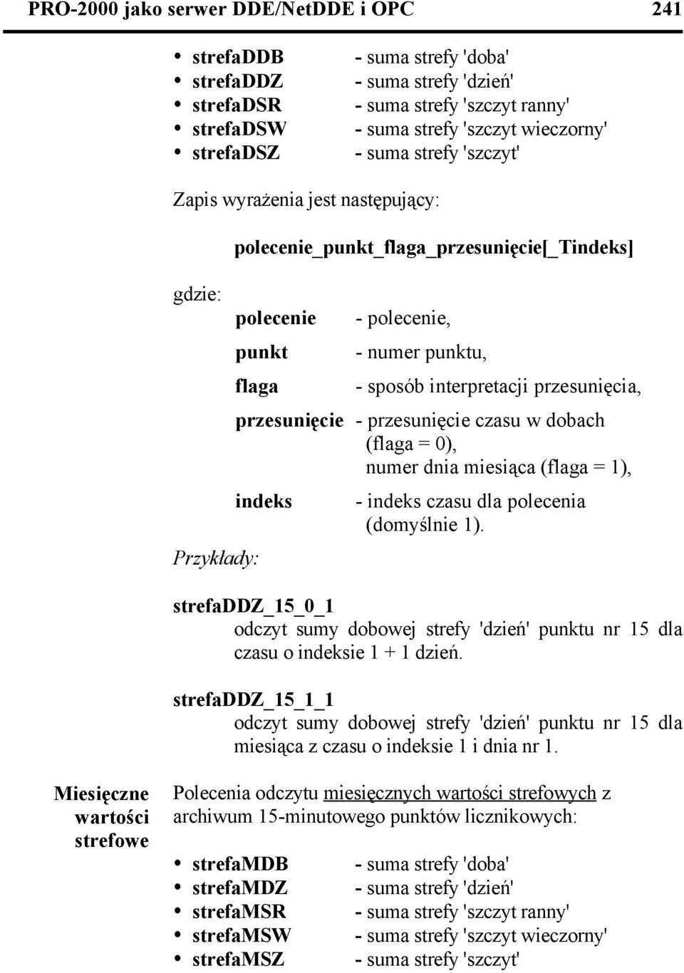 dnia miesiąca (flaga = 1), strefaddz_15_0_1 odczyt sumy dobowej strefy 'dzień' u nr 15 dla czasu o ie 1 + 1 dzień.