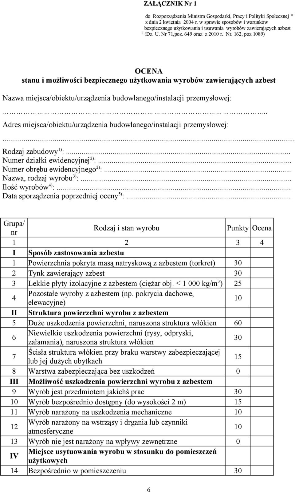 71,poz. 649 oraz z 2010 r. Nr. 162, poz 1089) OCENA stanu i możliwości bezpiecznego użytkowania wyrobów zawierających azbest Nazwa miejsca/obiektu/urządzenia budowlanego/instalacji przemysłowej:.