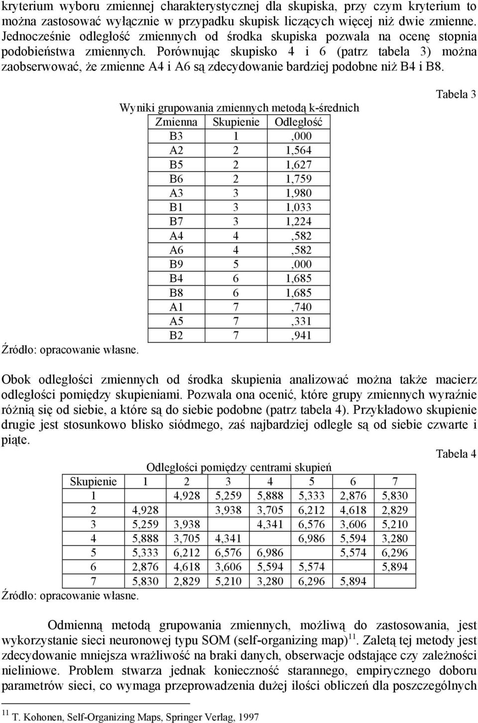 Porównując skupisko 4 i 6 (patrz tabela 3) można zaobserwować, że zmienne A4 i A6 są zdecydowanie bardziej podobne niż B4 i B8.