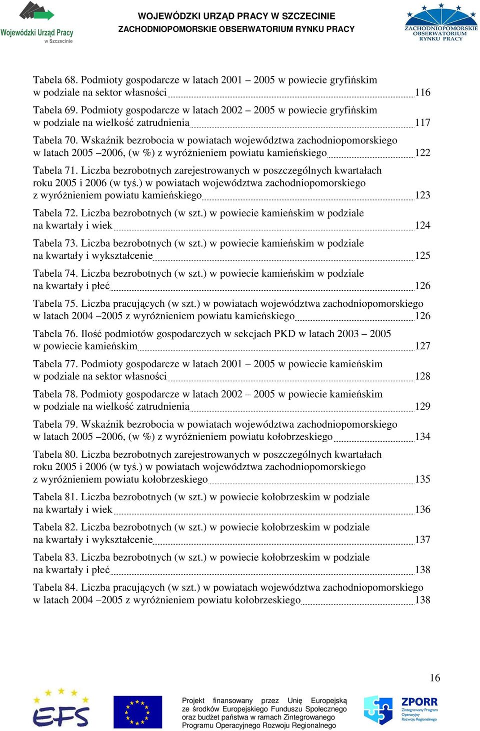 Wskaźnik bezrobocia w powiatach województwa zachodniopomorskiego w latach 2005 2006, (w %) z wyróŝnieniem powiatu kamieńskiego 122 Tabela 71.