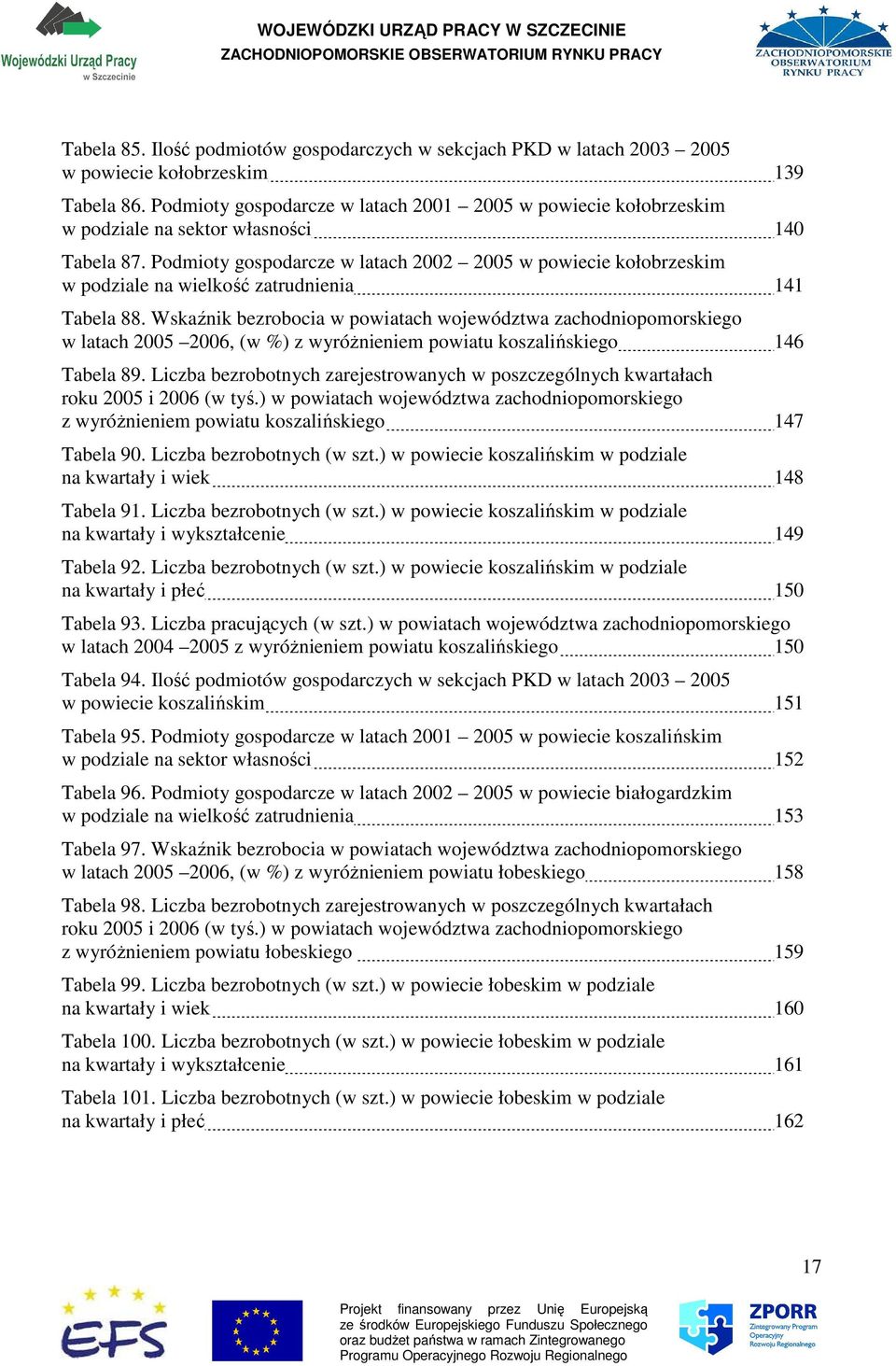 Podmioty gospodarcze w latach 2002 2005 w powiecie kołobrzeskim w podziale na wielkość zatrudnienia 141 Tabela 88.