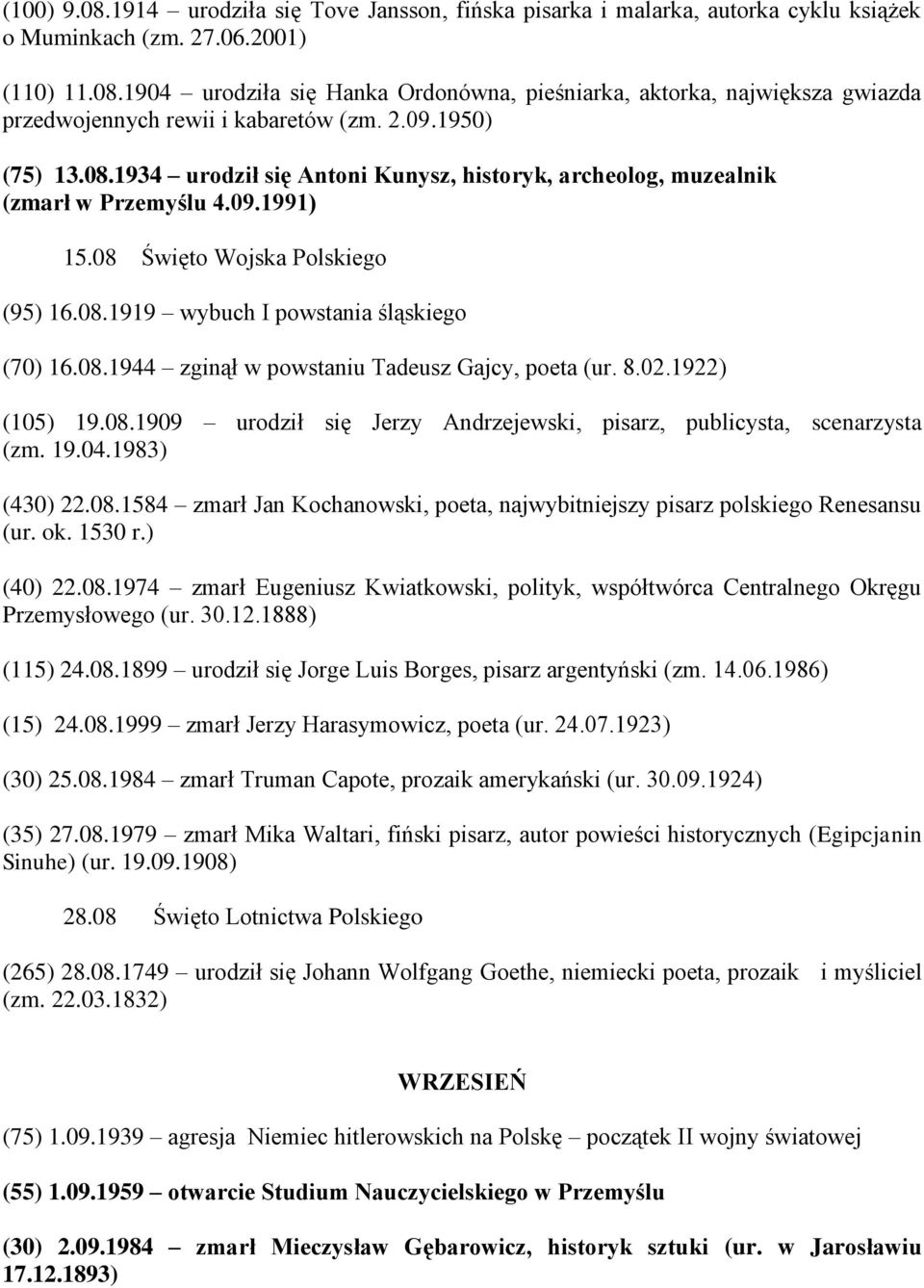 08.1944 zginął w powstaniu Tadeusz Gajcy, poeta (ur. 8.02.1922) (105) 19.08.1909 urodził się Jerzy Andrzejewski, pisarz, publicysta, scenarzysta (zm. 19.04.1983) (430) 22.08.1584 zmarł Jan Kochanowski, poeta, najwybitniejszy pisarz polskiego Renesansu (ur.