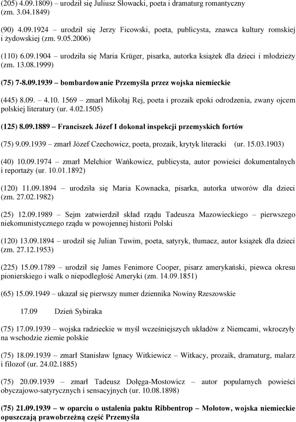 4.02.1505) (125) 8.09.1889 Franciszek Józef I dokonał inspekcji przemyskich fortów (75) 9.09.1939 zmarł Józef Czechowicz, poeta, prozaik, krytyk literacki (ur. 15.03.1903) (40) 10.09.1974 zmarł Melchior Wańkowicz, publicysta, autor powieści dokumentalnych i reportaży (ur.