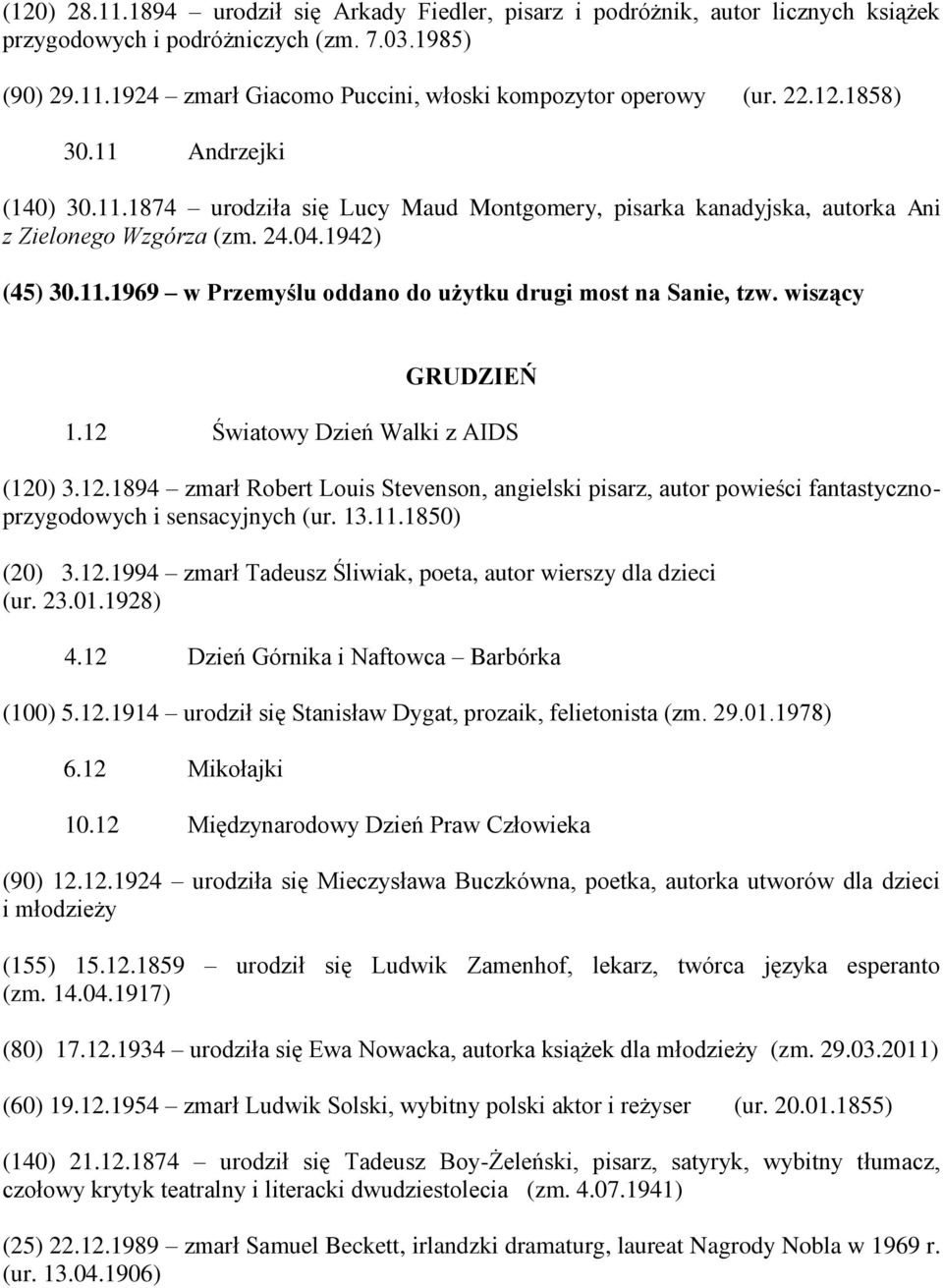 wiszący GRUDZIEŃ 1.12 Światowy Dzień Walki z AIDS (120) 3.12.1894 zmarł Robert Louis Stevenson, angielski pisarz, autor powieści fantastycznoprzygodowych i sensacyjnych (ur. 13.11.1850) (20) 3.12.1994 zmarł Tadeusz Śliwiak, poeta, autor wierszy dla dzieci (ur.