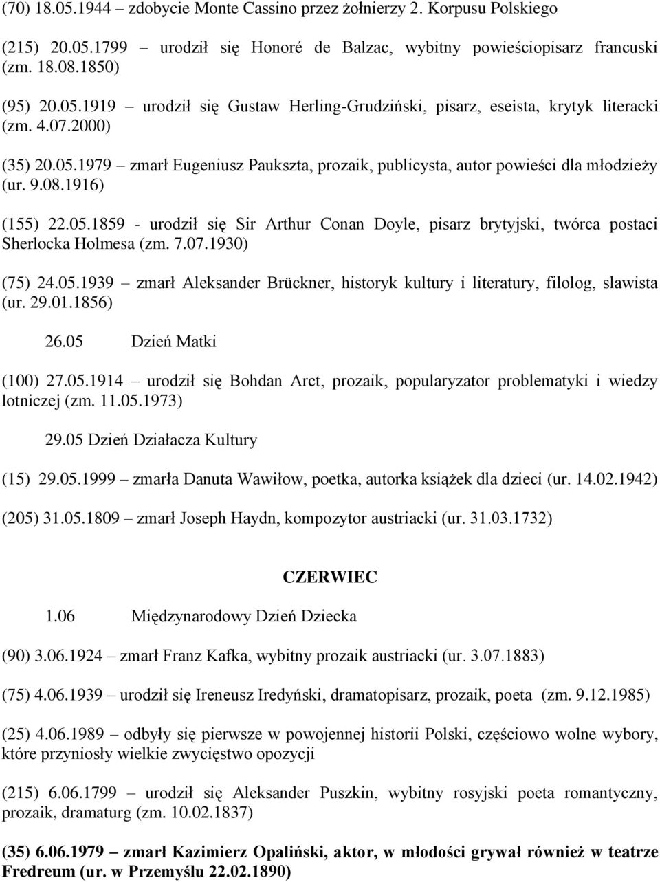 7.07.1930) (75) 24.05.1939 zmarł Aleksander Brückner, historyk kultury i literatury, filolog, slawista (ur. 29.01.1856) 26.05 Dzień Matki (100) 27.05.1914 urodził się Bohdan Arct, prozaik, popularyzator problematyki i wiedzy lotniczej (zm.