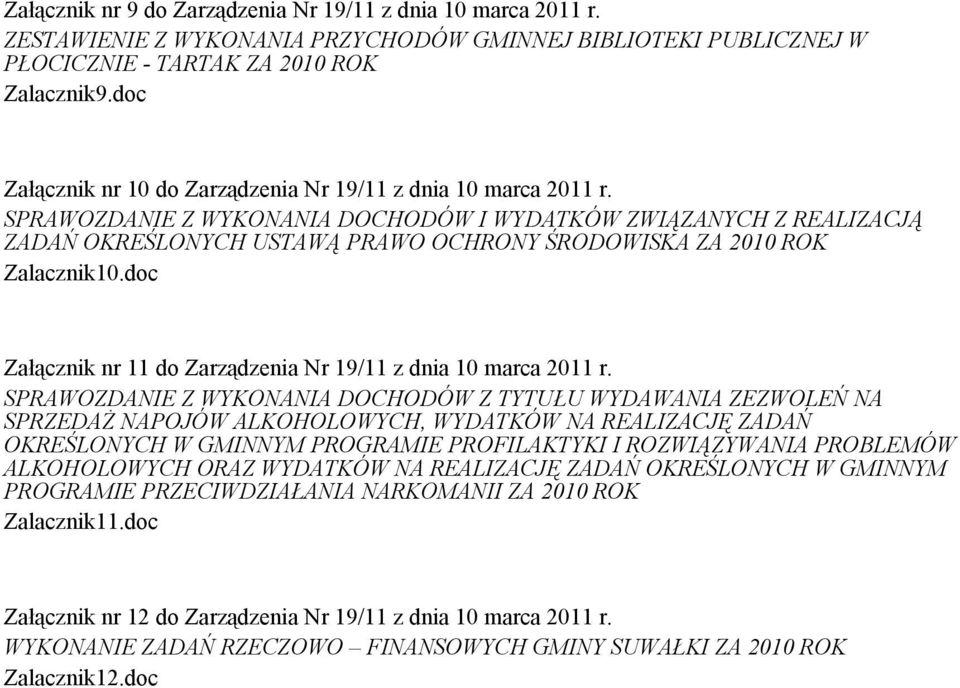 SPRAWOZDANIE Z WYKONANIA DOCHODÓW I WYDATKÓW ZWIĄZANYCH Z REALIZACJĄ ZADAŃ OKREŚLONYCH USTAWĄ PRAWO OCHRONY ŚRODOWISKA ZA 2010 ROK Zalacznik10.