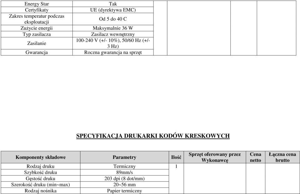 SPECYFIKACJA DRUKARKI KODÓW KRESKOWYCH Komponenty składowe Parametry Ilość Rodzaj druku Termiczny 1 Szybkość druku 89mm/s Gęstość